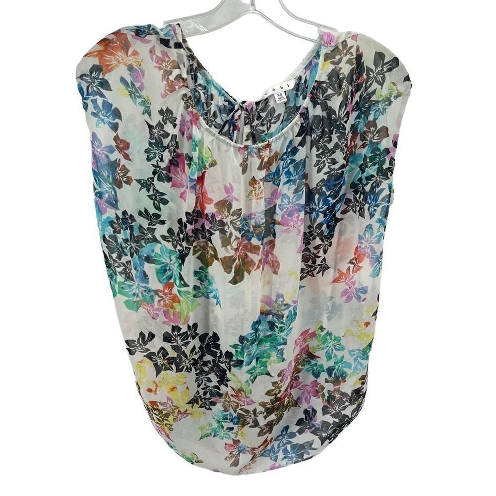 Cabi Womens Tank Blouse Top Floral Short Sleeve Lightweight Multicolor Size XS